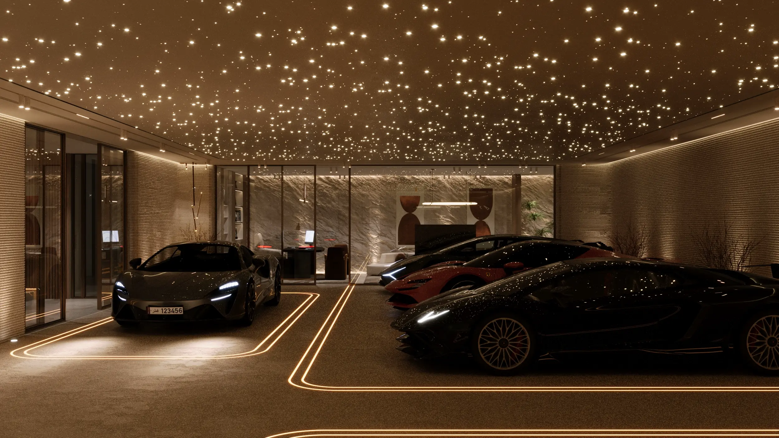 Luxury private garage with fibre-optic starlight ceiling and supercars, Ganggaan interior design, Dubai